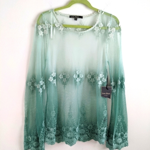 Nwt Love Stitch Ombre Green Sheer Lace Mesh Tunic M Festival Coquette - Picture 1 of 12